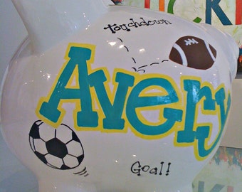 Alcancía deportiva personalizada: decoración infantil de cerámica pintada a mano