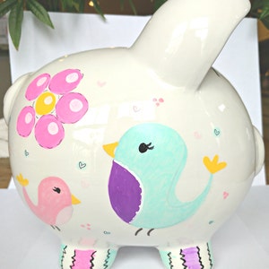 Personalized Large Piggy Bank for Girls - Hand-Painted Birds & Flowers - Custom Name Gift