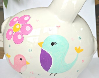 Alcancía grande personalizada para niñas - Pájaros y flores pintados a mano - Regalo con nombre personalizado