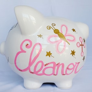Personalisierte große Sparschwein - Mädchens Zimmer von Hand bemalt, Sterne, Blumen und Kreuze mit Namen Pink und Gold
