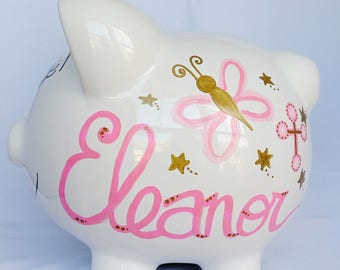 Alcancía personalizada: estrellas, flores y cruces pintadas a mano - Decoración para habitación de niña