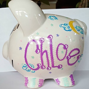 Personalized Large Piggy Bank - Girl&#39;s Room Hand Painted Owl, Clouds & Moon Design Piggy Bank with Name