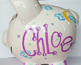 Alcancía personalizada: diseño de búho, nubes y luna pintado a mano