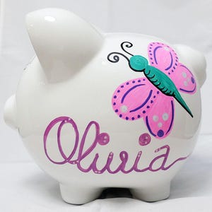 Personalized Large Piggy Bank - Girl&#39;s Room Hand Painted Butterflies, Dragonflies, Ladybugs & Flowers with Name