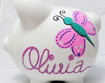 Personalizado gran banco de cerditos - Chica de la habitación pintada a mano mariposas, libélulas, mariquitas y flores con nombre