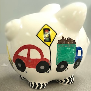 Mealheiro grande personalizado - quarto de menino, carros pintados à mão, design, cofrinho com nome