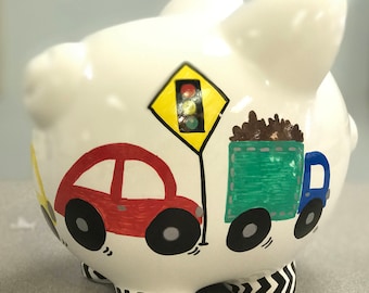 Alcancía personalizada: Diseño de coches pintados a mano, decoración para habitación de niño
