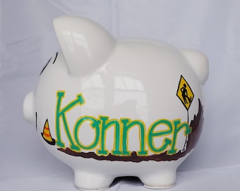 Alcancía personalizada de construcción: decoración para habitación de niño pintada a mano