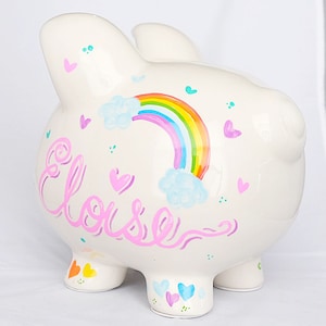 Personalisiertes Großes Sparschwein - Mädchenzimmer Handbemalt Regenbogen Unicow Herzen Design Sparschwein mit Namen