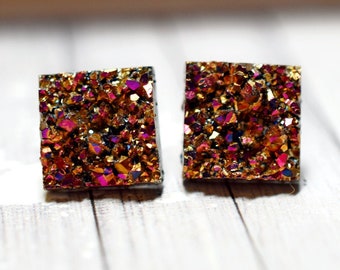 Magenta Gold Druzy Earrings, 12mm Square Metallic Earrings, Glittering Dark Gold Stainless Steel Studs, Square Druzy Post Earrings