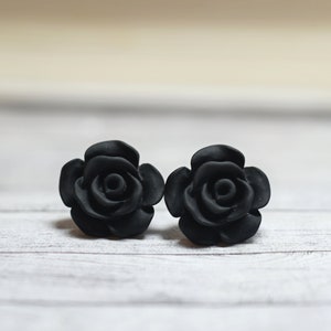 Black Rose Earrings, Cottage Chic Vintage Style, Black Boho Chic Studs Plant Lovers Garden Gifts, Classic Black, Gothic Rose