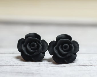 Black Rose Earrings, Cottage Chic Vintage Style, Black Boho Chic Studs Plant Lovers Garden Gifts, Classic Black, Gothic Rose