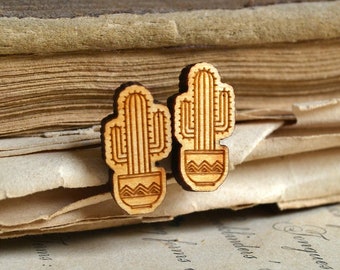 Pendientes de cactus de madera, pendientes de tachuelas de acero inoxidable, joyas de cactus en maceta, Saguaro Cactus Suculentos amantes pendientes de madera Crazy Plant Lady