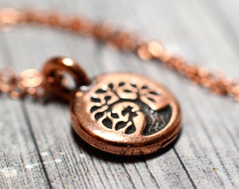 Copper Tree of Life Necklace, Meditation Pendant Yoga Jewelry, Bright Copper Chain, Stamped Charm Tree Jewelry, Mantra Jewelry