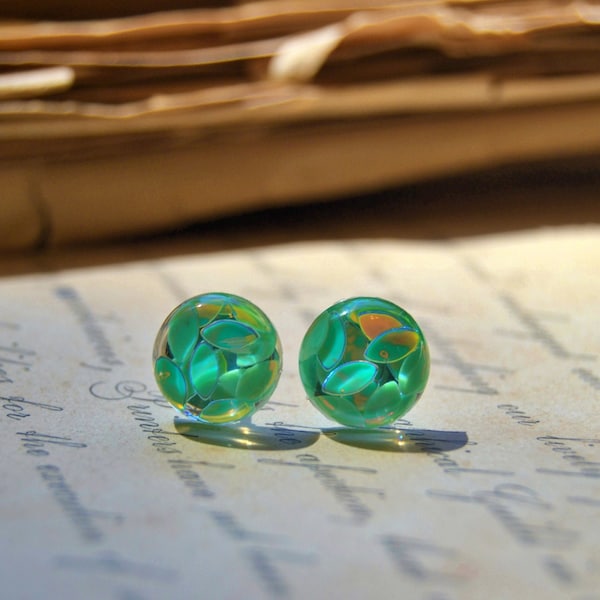 Glowing Mint Holographic Earrings, Mint Green Floating Petal Stud Earrings, Domed Resin Jewelry