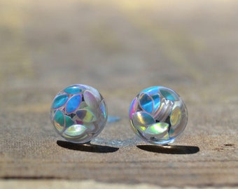 Glowing Opal Holographic Earrings, Opal White Floating Petal Stud Earrings, Domed Resin Jewelry, Mystic White