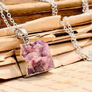 Amethyst Druzy Necklace, Raw Crystal Amethyst Square, Sterling Silver Dip Amethyst Druzy Necklace, Crystal Necklace, Purple Geode Necklace