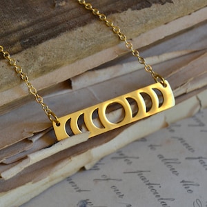 Gold Moon Phases Necklace, Golden Bar Necklace, Moon Cycle Pendant Necklace in Gold, Celestial Jewelry
