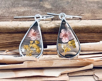 Pink Cherry Blossom Earrings, Dried Flowers and Resin Dangle Earrings, Pink and Yellow Blooms, Real Flowers, Cottagecore Jewelry