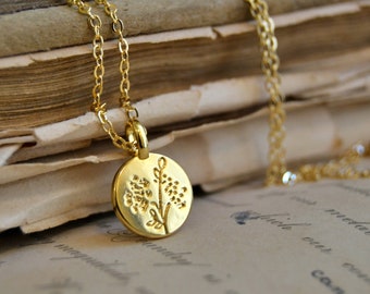 Tiny Gold Wildflower Necklace, Small Golden Charm, Stamped Flower Pendant, Gold Disc, Wild Flowers