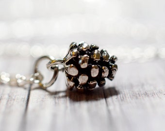 Tiny Silver Pine Cone Necklace, Little Charm Necklace, Sterling Silver Chain, Rustic Jewelry, Pinecone Necklace, Autumn Jewelry