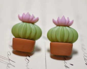 Cute Cactus Earrings, Potted Cactus Succulent Jewelry, Blooming Cactus Jewelry, Plant Lovers, Sage Green Blooming Cacti, Echinopsis