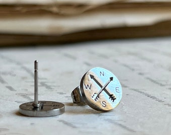 Compass Earrings, Wanderlust Jewelry, Travel Gifts, Stainless Steel Studs