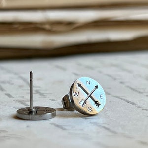 Compass Earrings, Wanderlust Jewelry, Travel Gifts, Stainless Steel Studs image 1