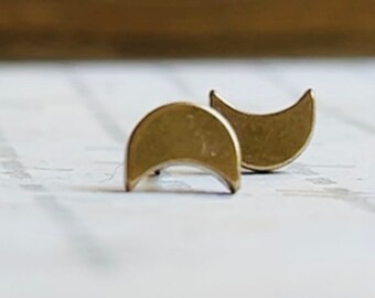 Tiny Moon Earrings, Small Moon Studs, Antique Brass Crescent Moons, Celestial Jewelry