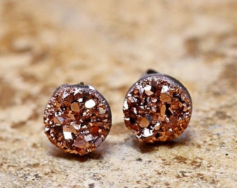 Tiny Rose Gold Druzy Earrings, 8mm Round Druzy Earrings Bronze Metallic Glitter Faux Drusy Posts Glittering Gold Stainless Steel Studs