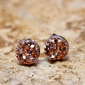 Tiny Rose Gold Druzy Earrings, 8mm Round Druzy Earrings Bronze Metallic Glitter Faux Drusy Posts Glittering Gold Stainless Steel Studs