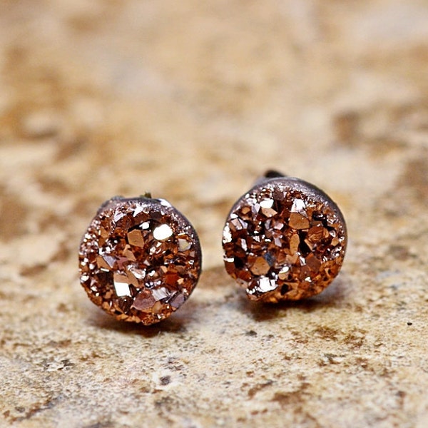 Tiny Rose Gold Druzy Earrings, 8mm Round Druzy Earrings Bronze Metallic Glitter Faux Drusy Posts Glittering Gold Stainless Steel Studs