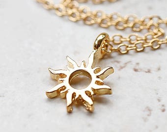 Tiny Gold Sun Necklace, Small Golden Sunshine Charm, Whimsical Boho Jewelry, Tribal Sun