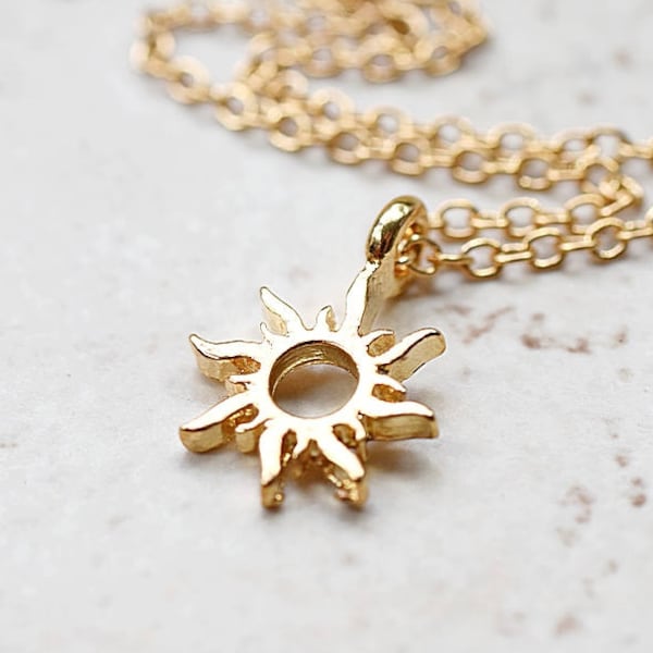 Tiny Gold Sun Necklace, Small Golden Sunshine Charm, Whimsical Boho Jewelry, Tribal Sun