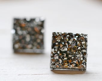 Metallic Gray Druzy Earrings, 12mm Square Studs, Gunmetal Grey Faux Druzy Square Earrings, Modern Earrings, Minimal Geometric Jewelry