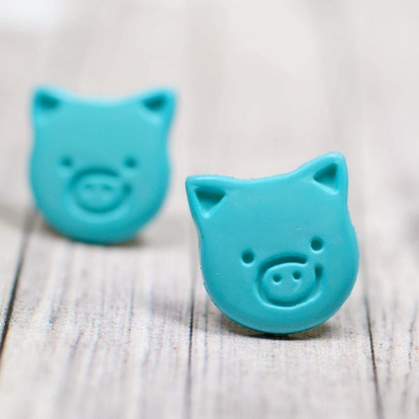 Teal Pig Earrings, Cute Piggies Farm Animal Lovers, Farmhouse Chic Rustic Teal Blue Green Piglets Vegan Jewelry, This Little Piggy