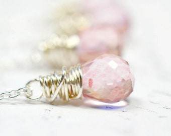 Tiny Pink Gemstone Necklace, Wire Wrapped Pink Mystic Quartz, Simple Jewelry, Sterling Silver Chain, Pink Stone Teardrop, Layering Necklace