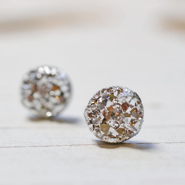 Tiny Silver Druzy Earrings, 8mm Round Druzy Earrings, Metallic Glitter Faux Drusy Posts Glittering Bright Shiny Silver Stainless Steel Studs