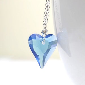 Sapphire Blue Heart Necklace, Swarovski Crystal Heart Pendant, Medium Blue Wire Wrap Jewelry, Sterling Silver Chain