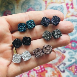 Square Druzy Earrings, Sparkly Square Studs, Faux Drusy, New Years Eve Party Jewelry