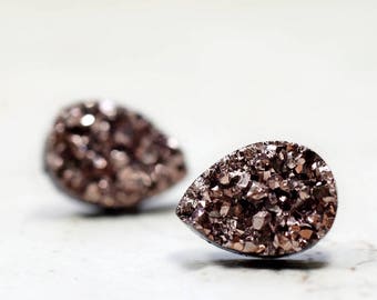 Rose Gold Teardrop Druzy Earrings, 14mm Bronze Metallic Glitter Faux Drusy Glittering Stainless Steel Studs