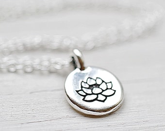 Silver Lotus Necklace, Lotus Flower Meditation Charm, Buddhism Yoga Spiritual Jewelry Sterling Silver Chain Lotus and Bliss