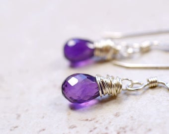 Tiny Amethyst Earrings, February Birthstone Jewelry, Purple Stone Dangles Genuine Gemstone Earrings Sterling Silver Jewelry Amethyst Jewelry