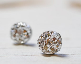 Tiny Silver Druzy Earrings, 8mm Round Druzy Earrings, Metallic Glitter Faux Drusy Posts Glittering Bright Shiny Silver Stainless Steel Studs