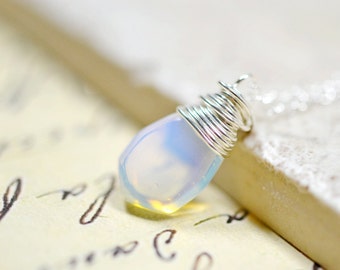 Glowing White Opal Necklace, White Glass Faux Opal, Iridescent Opalite Necklace, White and Silver Drop, April Birthstone Jewelry