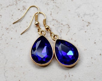 Cobalt Blue Crystal Earrings, Sapphire Blue Rhinestone Teardrops, Faux Diamond Style Jewels, Estate Style Jewelry, Gold Drops