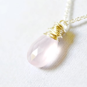 Soft Pink Chalcedony Necklace, Pastel Rose Pink Stone, Pink Gemstone Jewelry, Sterling Silver Wire Wrap, Delicate Chain Elegant Necklace