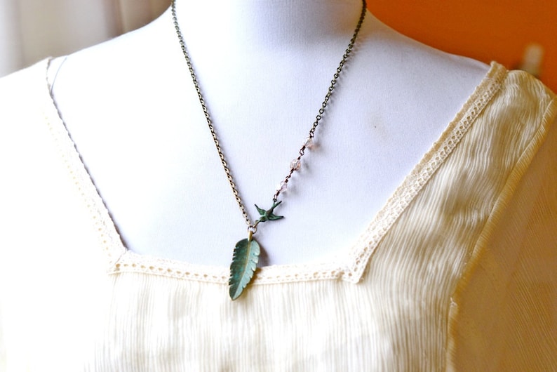 Feather Charm Necklace Bird Charm Blue Quartz Crystal Charns Brass Beading Chain BOHO CHIC