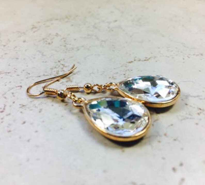 White Rhinestone Teardrops Gold Dangles Faux Diamond Style Jewel Old Hollywood Estate Style Jewelry White Crystal Earrings