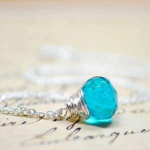 Deep Teal Necklace, Simple Minimalist Jewelry, Blue Green Wire Wrap Briolette, Ocean Blue Stone Sterling Silver Chain